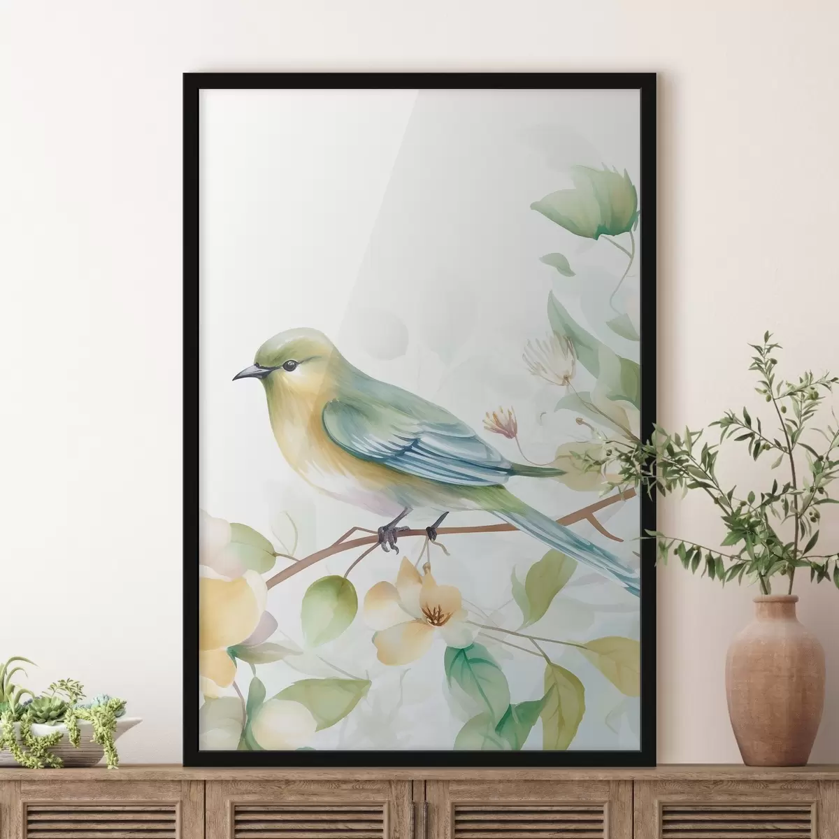 Plakatas Titmouse ant šakos, imitacija akvarelė f46892