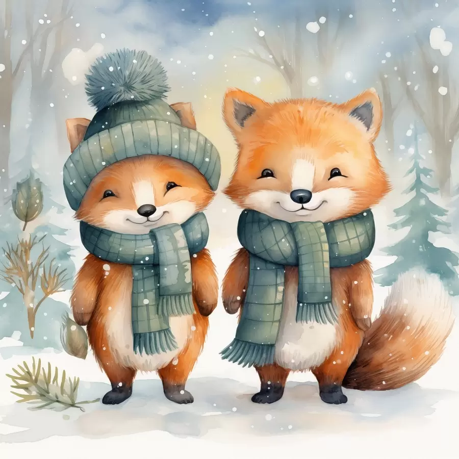 Fototapetai Dvi mažos lapės, imituojantis akvarelė f46969