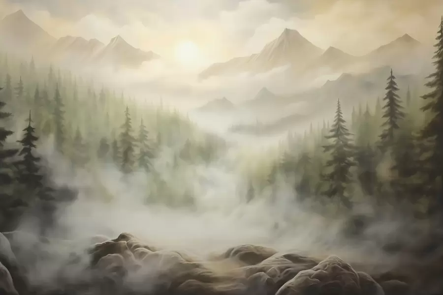 Fototapetai Miškas rūke kalnų fone w04730