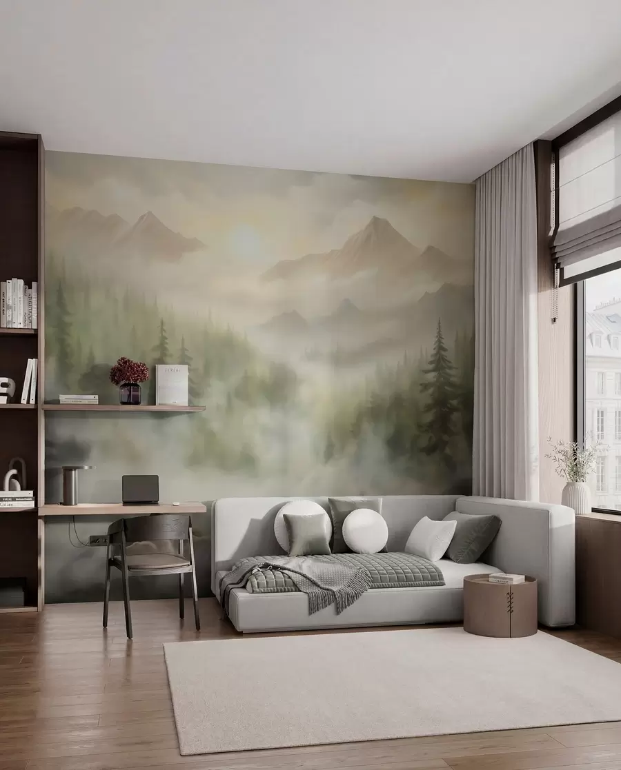 Fototapetai Miškas rūke kalnų fone w04730