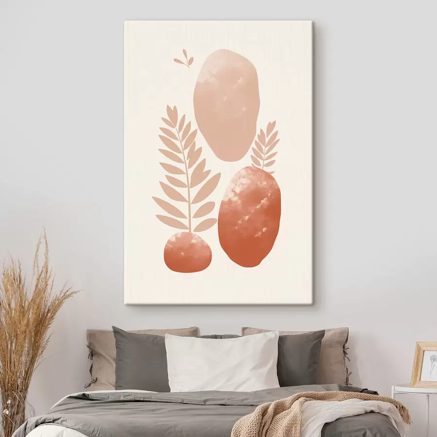 Paveikslėlis Abstrakčios formos tekstūruoti akmenys ir lapai prislopintų persikų ir terakotos atspalvių, minimalistinis, kreminis fonas s47012