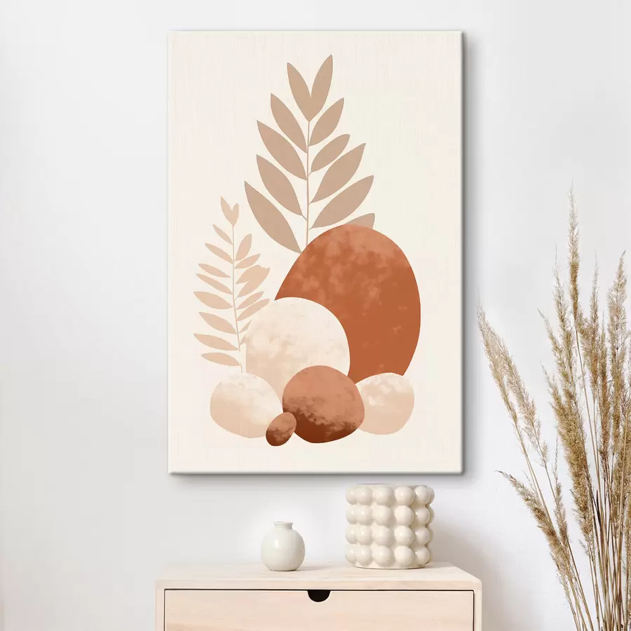Paveikslėlis Abstrakčios formos tekstūruoti akmenys ir lapai prislopintų persikų ir terakotos atspalvių, minimalistinis, kreminis fonas s47013