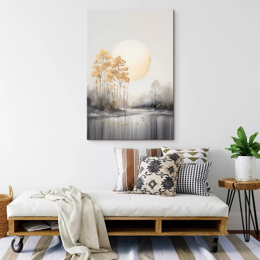 Paveikslėlis Dekoratyvus abstraktus peizažas, aukšti medžiai su geltonais lapais, upė ir rūkas fone s47014