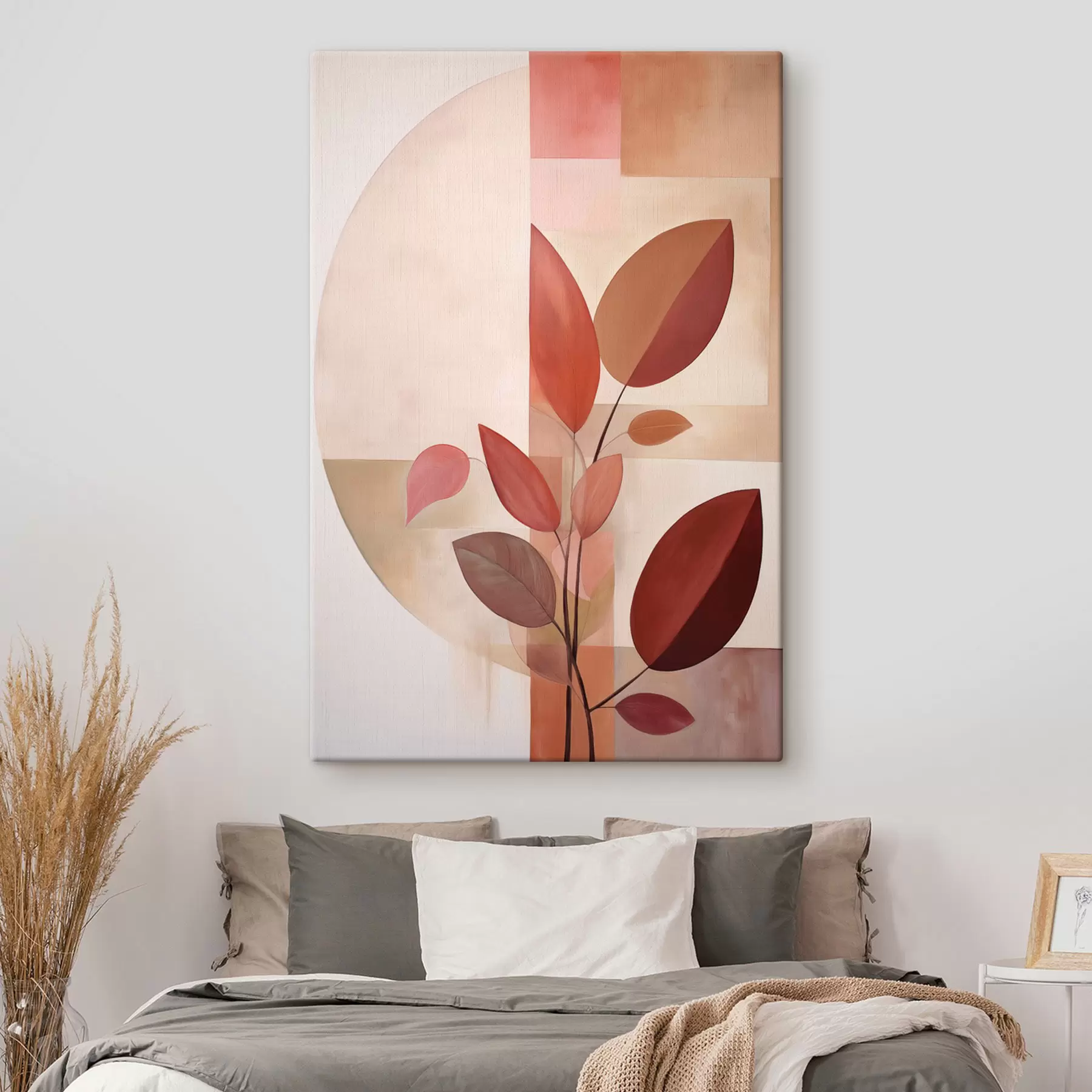 Paveikslėlis Abstraktaus augalo su raudonais lapais piešinys geometrinių formų ir švelnių, prislopintų spalvų fone s47041