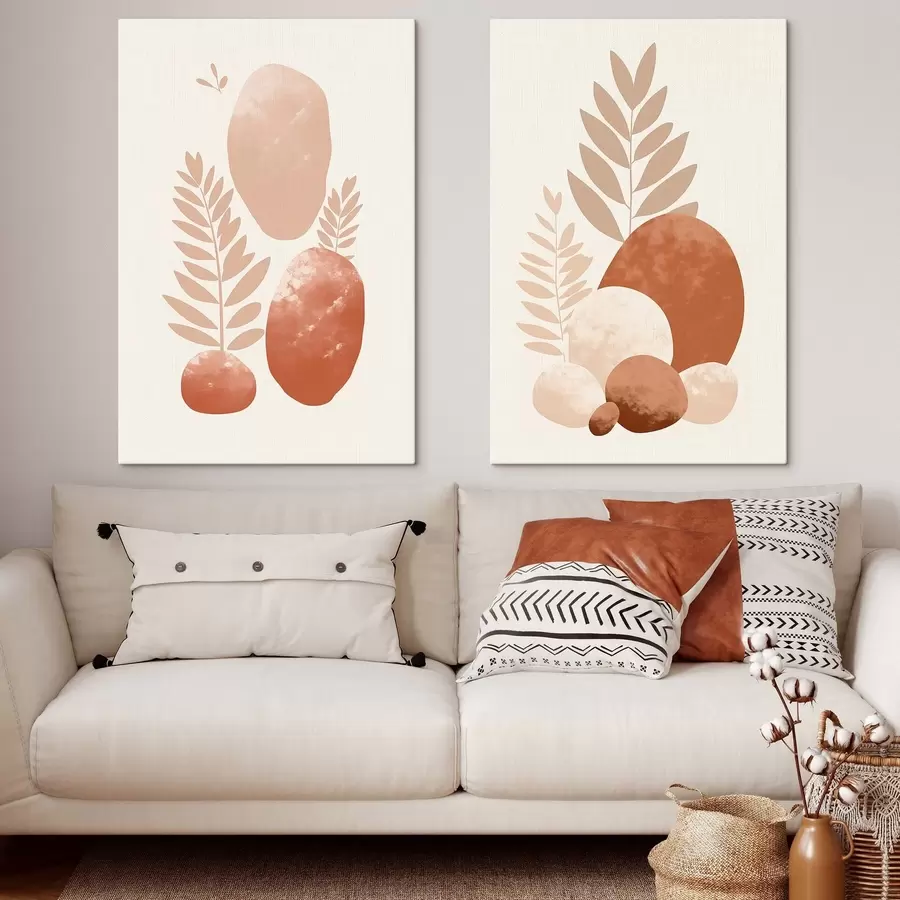 Paveikslėlis Abstrakčios formos tekstūruoti akmenys ir lapai prislopintų persikų ir terakotos atspalvių, minimalistinis, kreminis fonas m01114