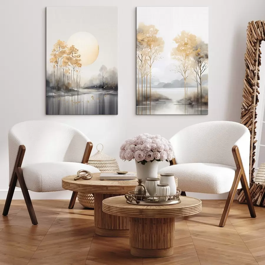 Paveikslėlis Dekoratyvus abstraktus peizažas, aukšti medžiai su geltonais lapais, upė ir rūkas fone m01115