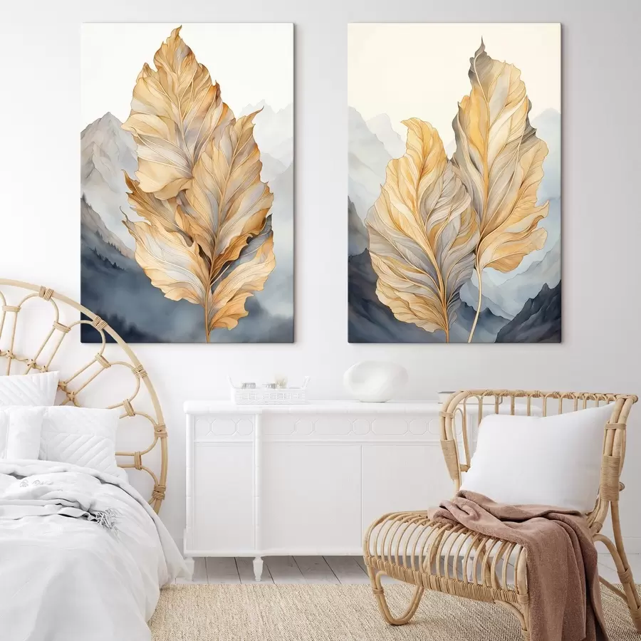 Paveikslėlis Abstrakčios didelės, geltonos ir rudos spalvos lapai su sudėtingais detalėmis, kalnų peizažo fone m01119