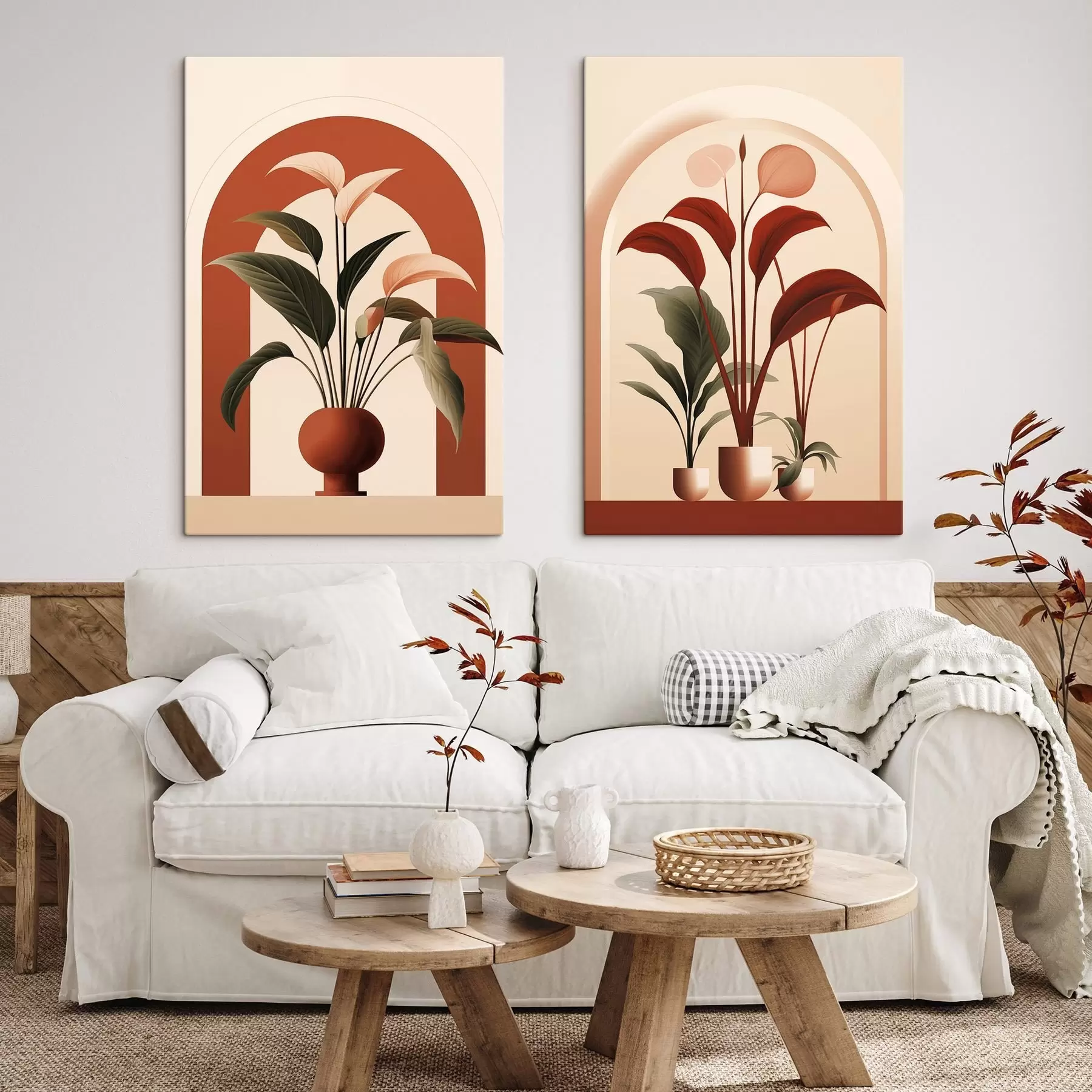 Paveikslėlis Abstrakčios vazoninės gėlės su dideliais žaliais ir raudonais lapais priešais kreminės spalvos arką m01124