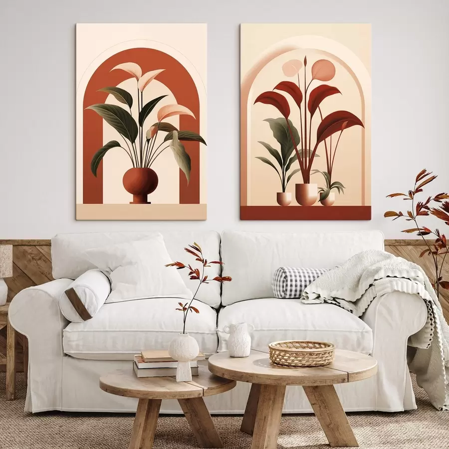 Paveikslėlis Abstrakčios vazoninės gėlės su dideliais žaliais ir raudonais lapais priešais kreminės spalvos arką m01124