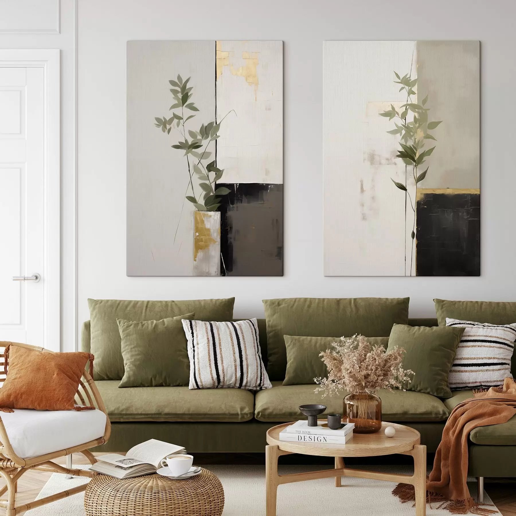 Paveikslėlis Minimalistinis tekstūruotas paveikslas, vaizduojantis vazą su žaliais lapais abstrakčių geometrinių formų fone m01126