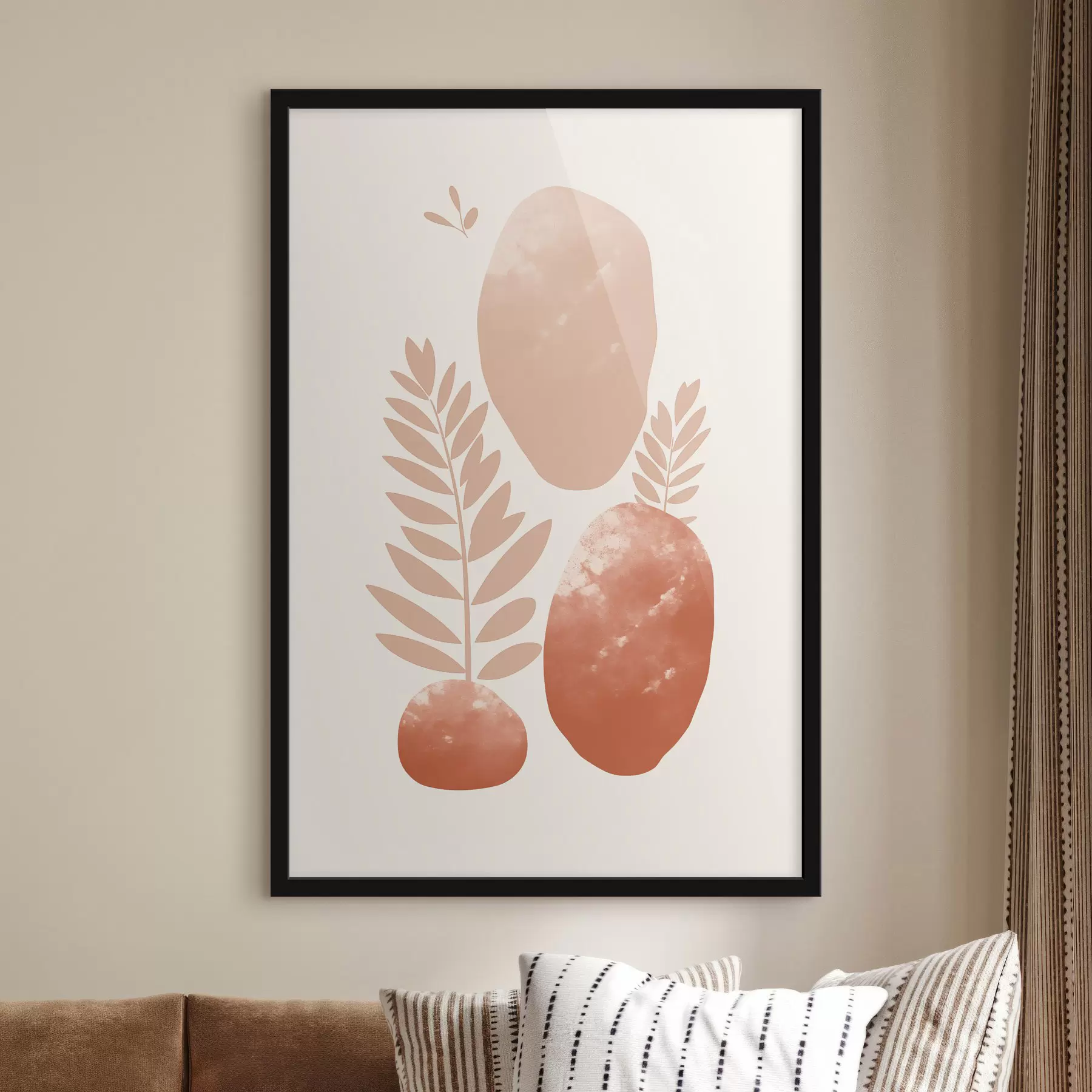 Fototapetai Abstrakčios formos tekstūruoti akmenys ir lapai prislopintų persikų ir terakotos atspalvių, minimalistinis, kreminis fonas f47012