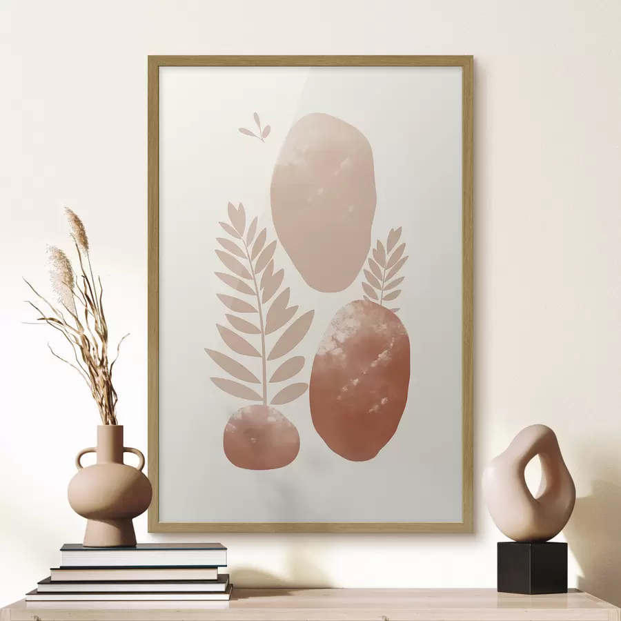 Fototapetai Abstrakčios formos tekstūruoti akmenys ir lapai prislopintų persikų ir terakotos atspalvių, minimalistinis, kreminis fonas f47012