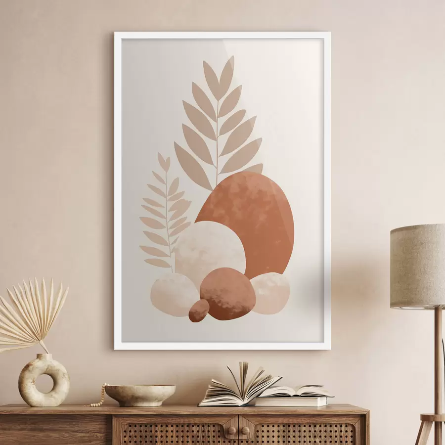 Fototapetai Abstrakčios formos tekstūruoti akmenys ir lapai prislopintų persikų ir terakotos atspalvių, minimalistinis, kreminis fonas f47013