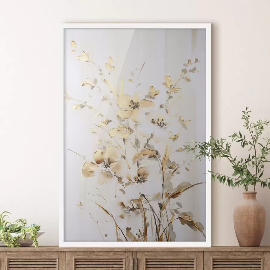 Fototapetai Tekstūruoti geltoni žiedai ir lapai ant balto fono, su subtiliais potėpiais f47017