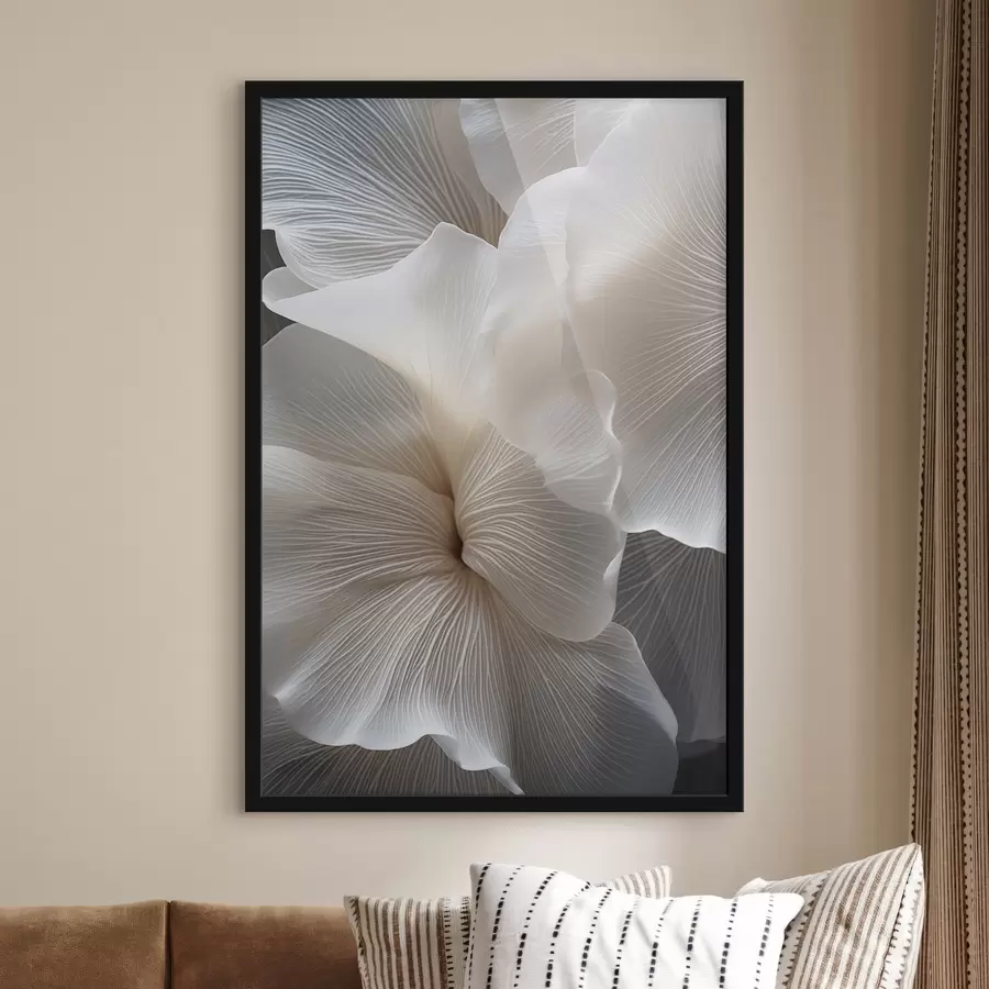 Fototapetai Artimas vaizdas subtilaus abstraktaus balto gėlių žiedo su sudėtingomis linijomis ir neryškiu tamsiu fonu f47019