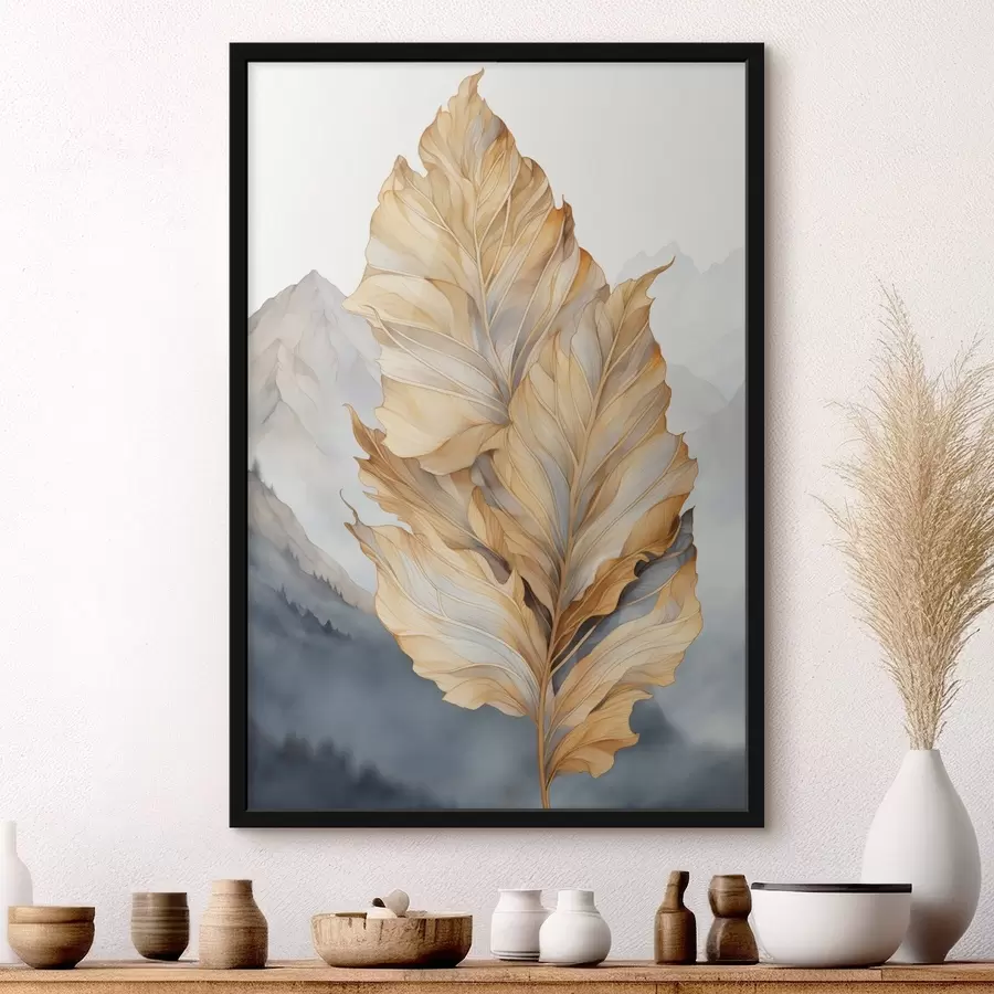 Fototapetai Abstrakčios didelės, geltonos ir rudos spalvos lapai su sudėtingais detalėmis, kalnų peizažo fone f47022