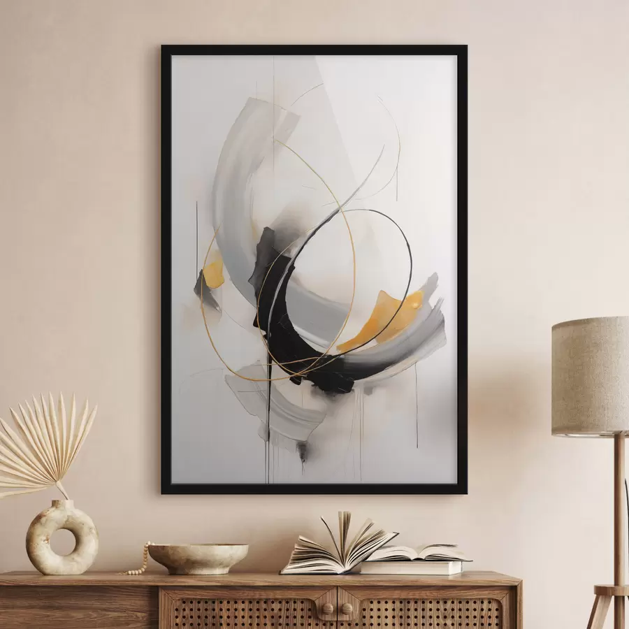 Fototapetai Abstraktaus tapybos kūrinys su geltonos, juodos ir baltos spalvų potėpiais, dinamiškomis linijomis f47035