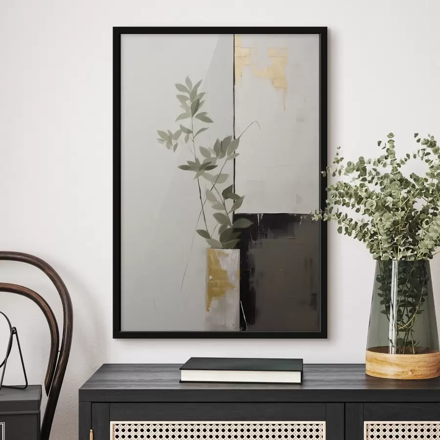 Fototapetai Minimalistinis tekstūruotas paveikslas, vaizduojantis vazą su žaliais lapais abstrakčių geometrinių formų fone f47036