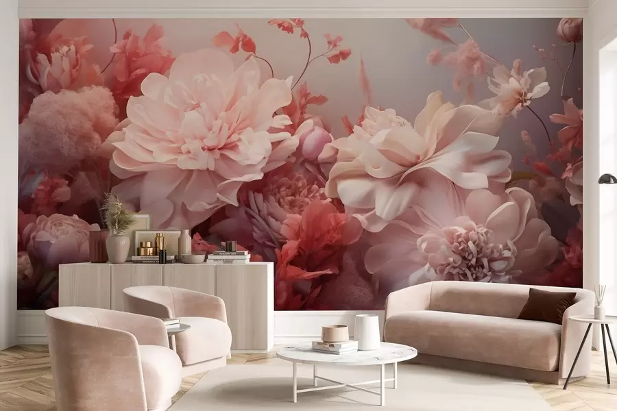 Fototapetai Tūrinės rausvos spalvos bijūnai gėlių kompozicijoje w09571