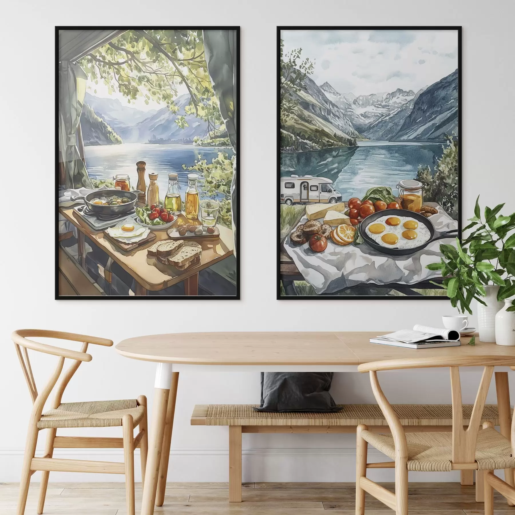 Fototapetai Stovyklavimas, estetiniai pusryčiai prie ežero, akvarelės stilius d00405