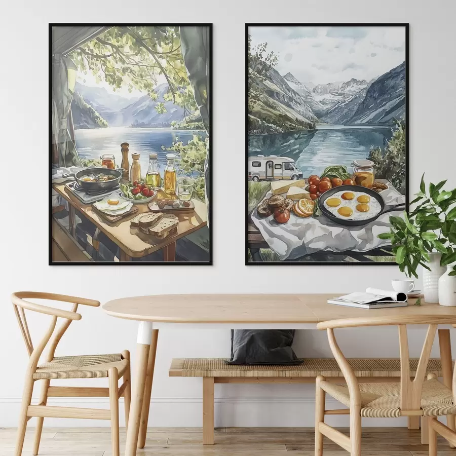 Fototapetai Stovyklavimas, estetiniai pusryčiai prie ežero, akvarelės stilius d00405
