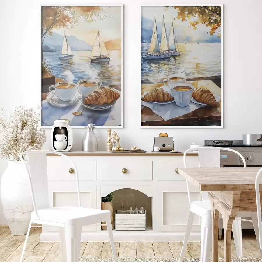 Fototapetai Saulėlydis ant ežero su kavos puodeliu, burlaiviai, gamta, kelionės d00407