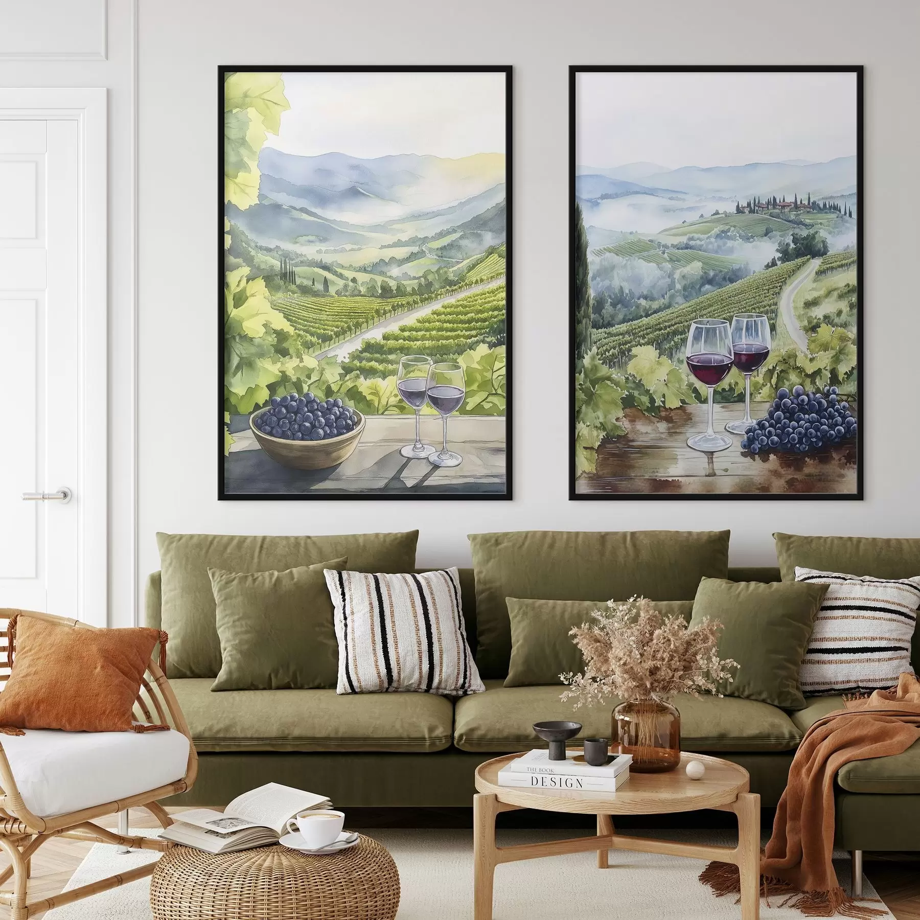 Fototapetai Gražūs Toskanos kraštovaizdžiai, vynuogių kiemai, vyno taurės, akvarelės stilius, Italija d00408