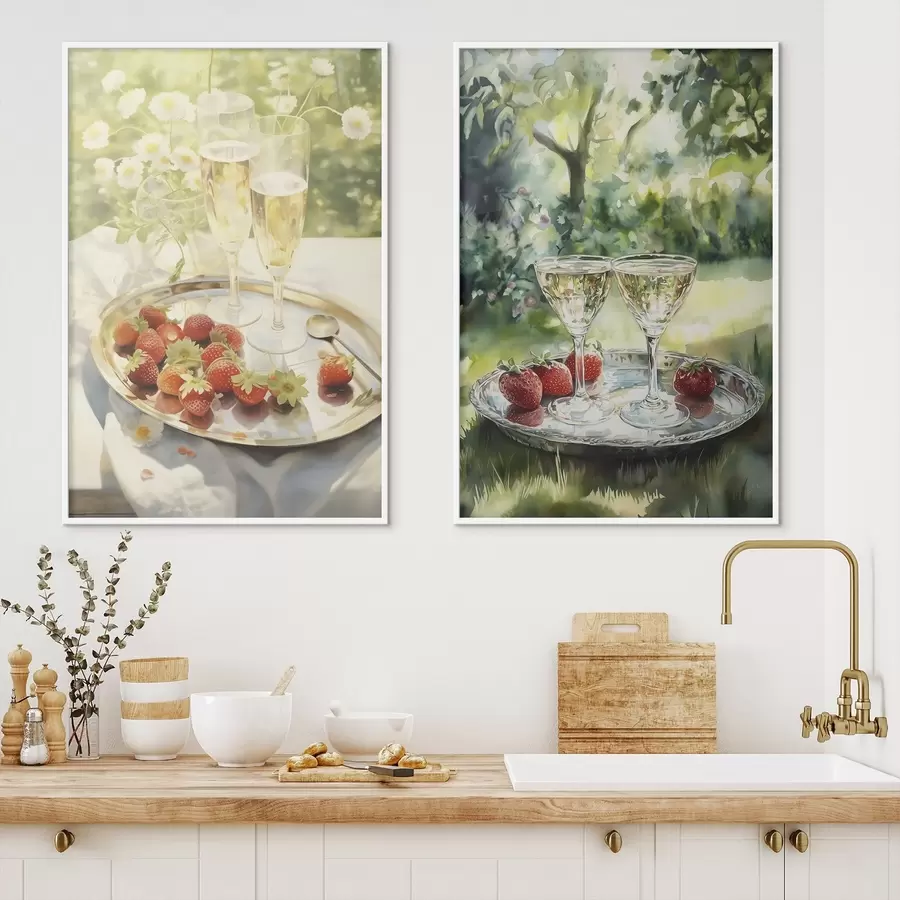 Fototapetai Vasaros piknikas, šampano taurės su braškėmis ant padėklo, ramunėlių žiedai d00414