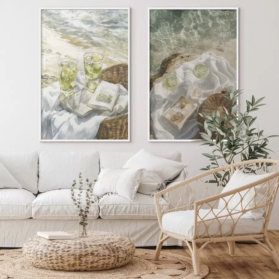 Fototapetai Kokteiliai paplūdimyje, akvarelės stiliaus piešinys, vandenynas, vasaros piknikas d00417