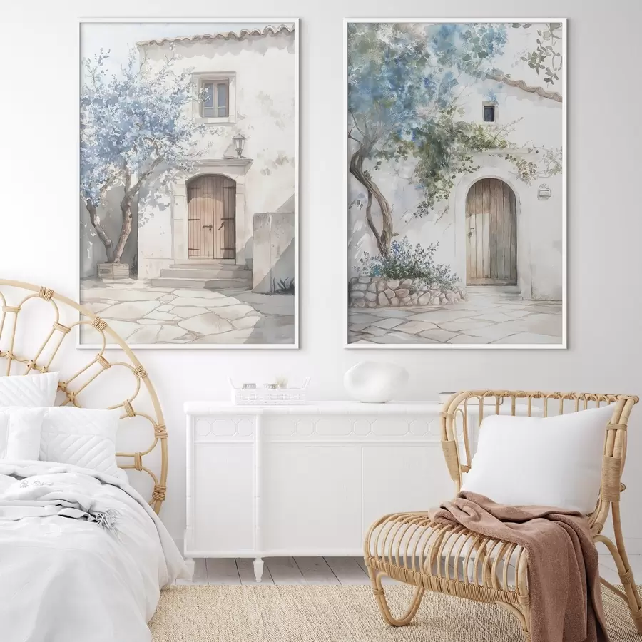 Fototapetai Graikiški balti namai su žydinčiais medžiais, Viduržemio jūros regionas, akvarelės stiliaus piešinys d00419