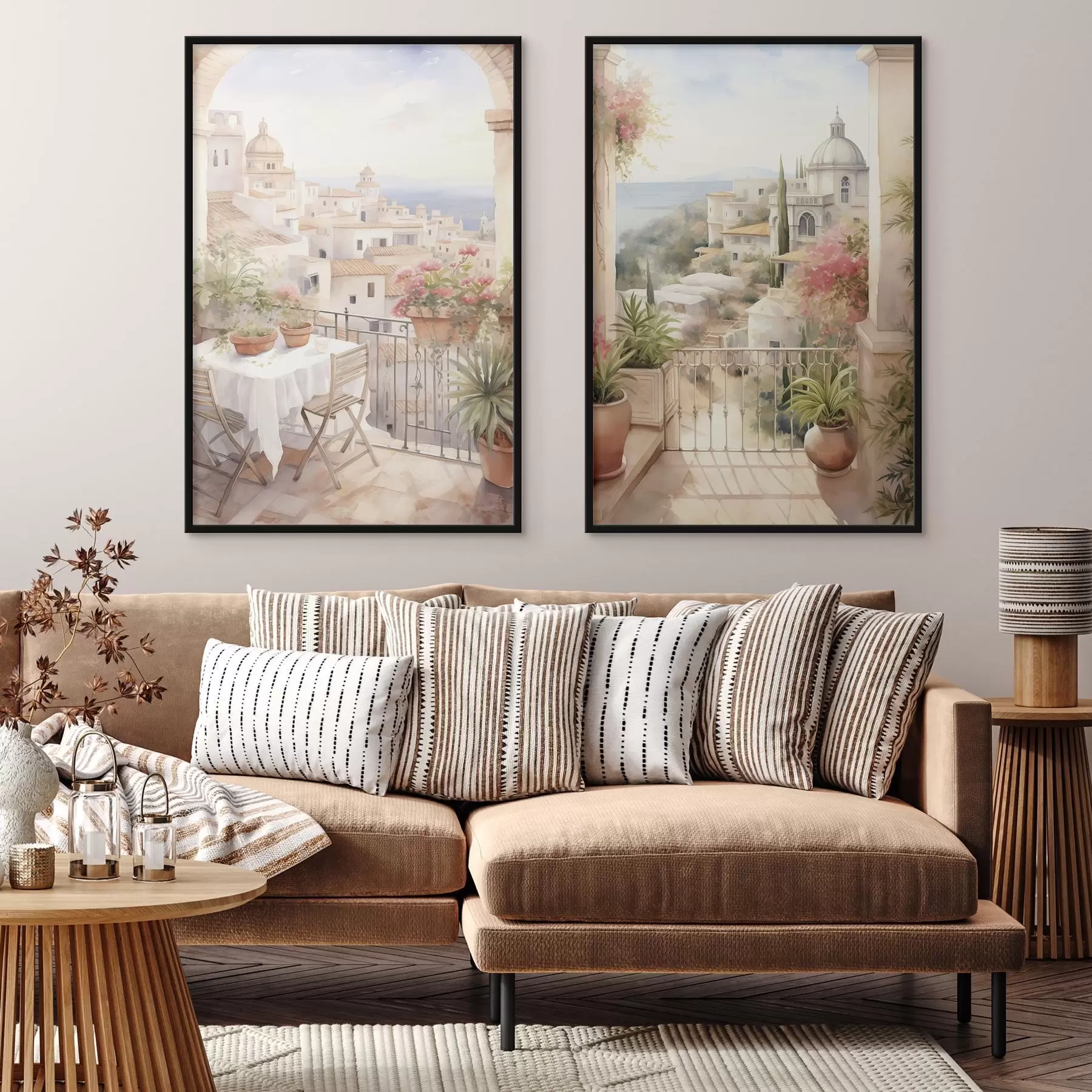 Fototapetai Saulėlydis balkone, architektūra, žydinčios gėlės, akvarelės stilius, Viduržemio jūros regionas d00420