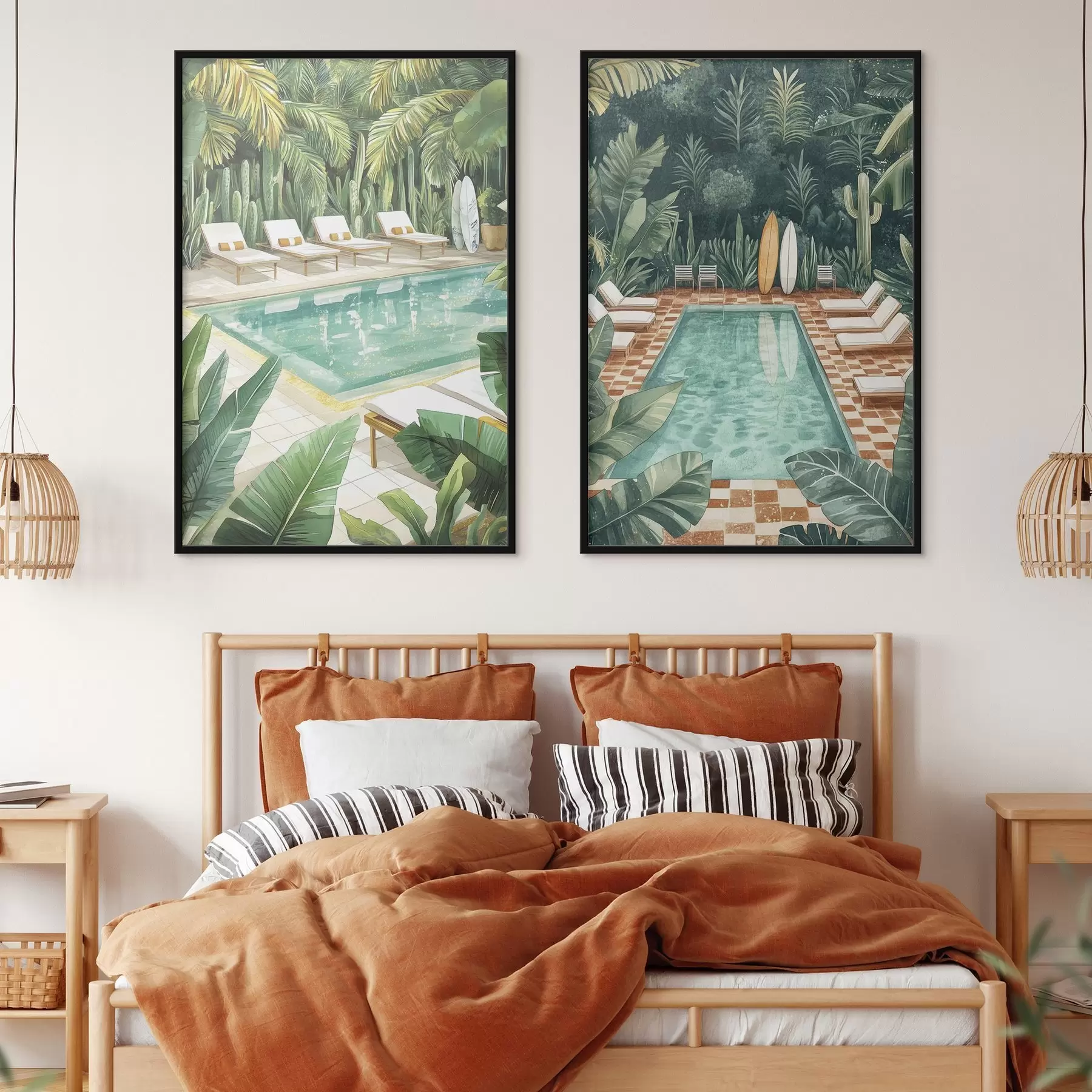 Fototapetai Vasaros baseinas, vintažas, atogrąžų miškas, žaluma, palmės, akvarelės stilius d00422