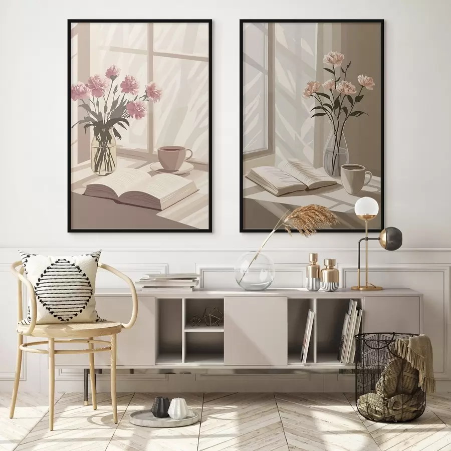 Fototapetai Abstrakcija, rytinė estetika, kavos puodelis, knyga, gėlės d00448