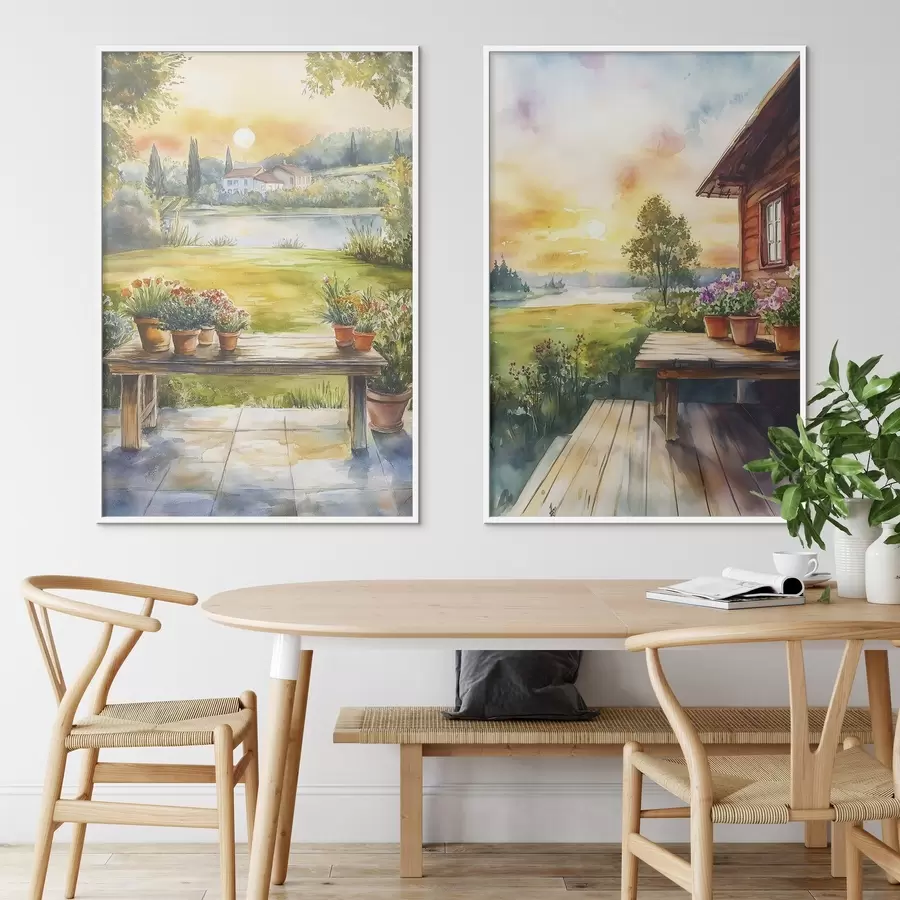 Fototapetai Vasaros kaimas, saulėlydis, kaimiškas, gėlės, ežeras, akvarelės stilius d00449