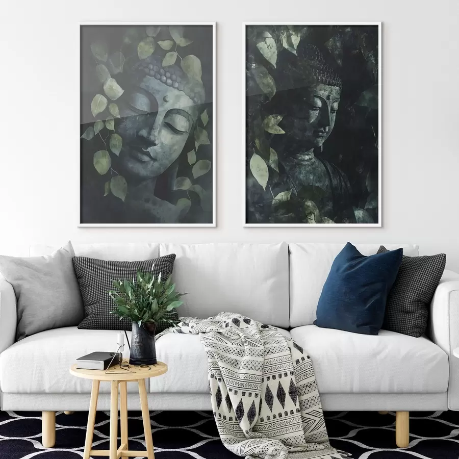 Fototapetai Žalias Buda atogrąžų lapuose, akvarelės stilius d00451