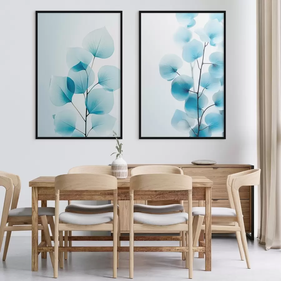 Fototapetai Šaka su permatomais mėlynais lapais, matomos subtilios gyslos, lengva ir rami kompozicija, minimalistinė estetika d00522