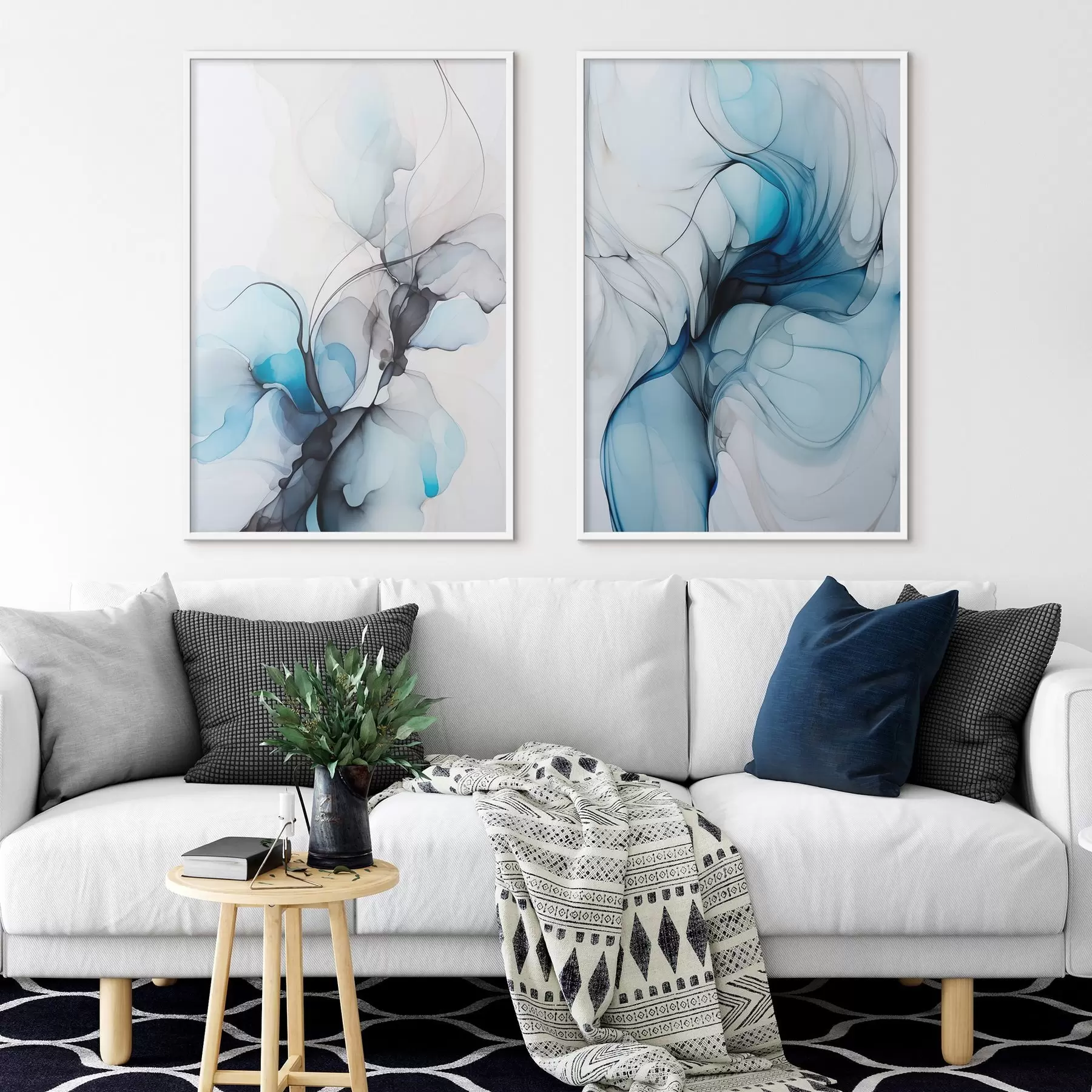 Fototapetai Abstrakti kompozicija su tekančiomis linijomis ir permatomais žiedlapiais mėlynos, baltos ir smėlio spalvos atspalviais, alkoholinio tušo imitacija d00523