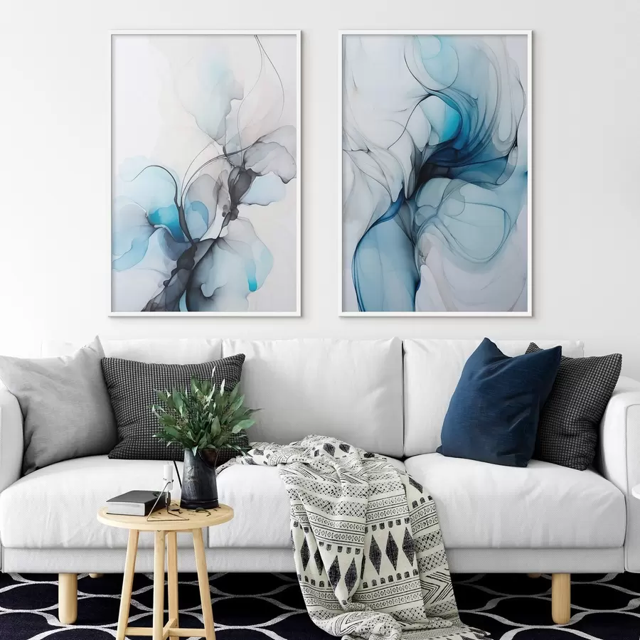 Fototapetai Abstrakti kompozicija su tekančiomis linijomis ir permatomais žiedlapiais mėlynos, baltos ir smėlio spalvos atspalviais, alkoholinio tušo imitacija d00523