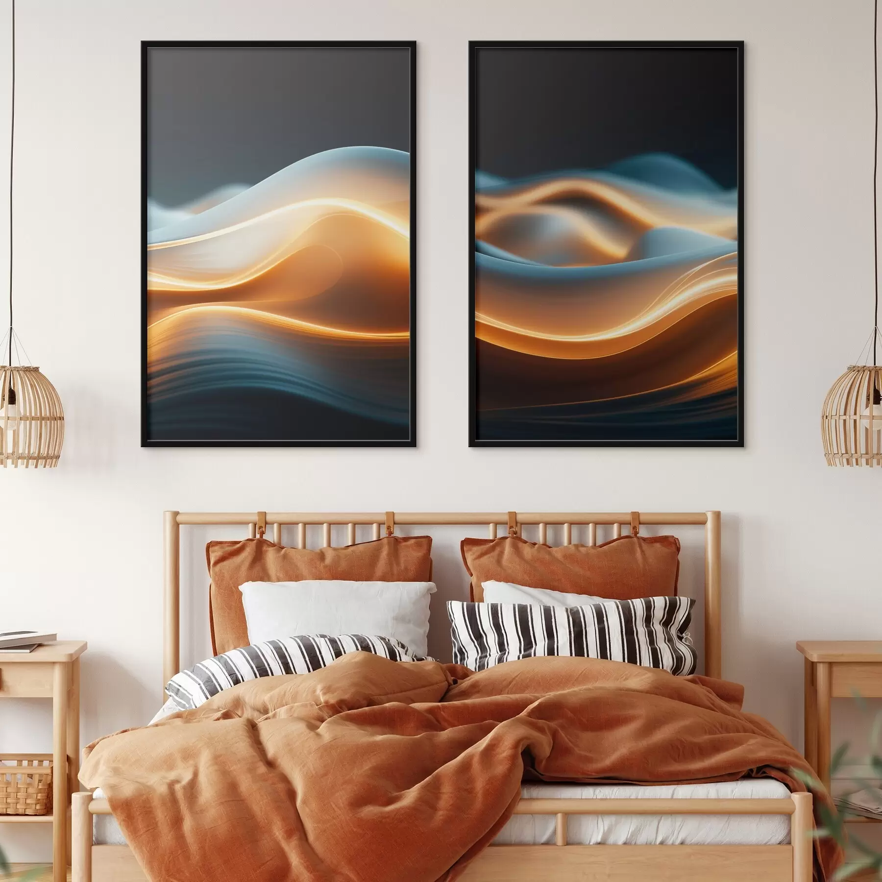 Fototapetai Abstrakčios tekančios formos su oranžinėmis linijomis, sklandžios kreivės ir linijos, dinamiška kompozicija, tamsus fonas d00526