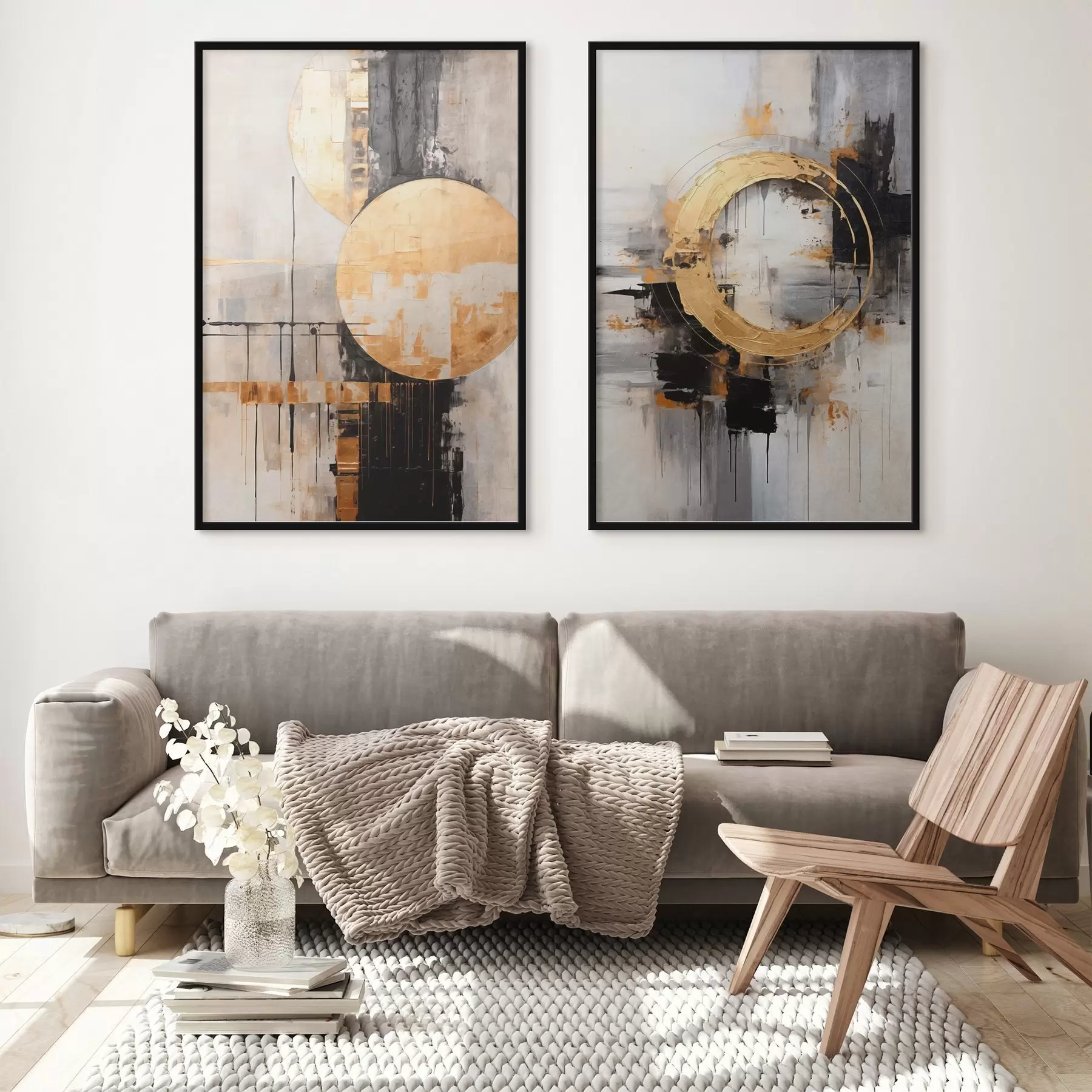 Fototapetai Abstraktus paveikslas su apskritimais, juodomis ir geltonomis linijomis bei pilkų ir baltų tonų fonu d00527