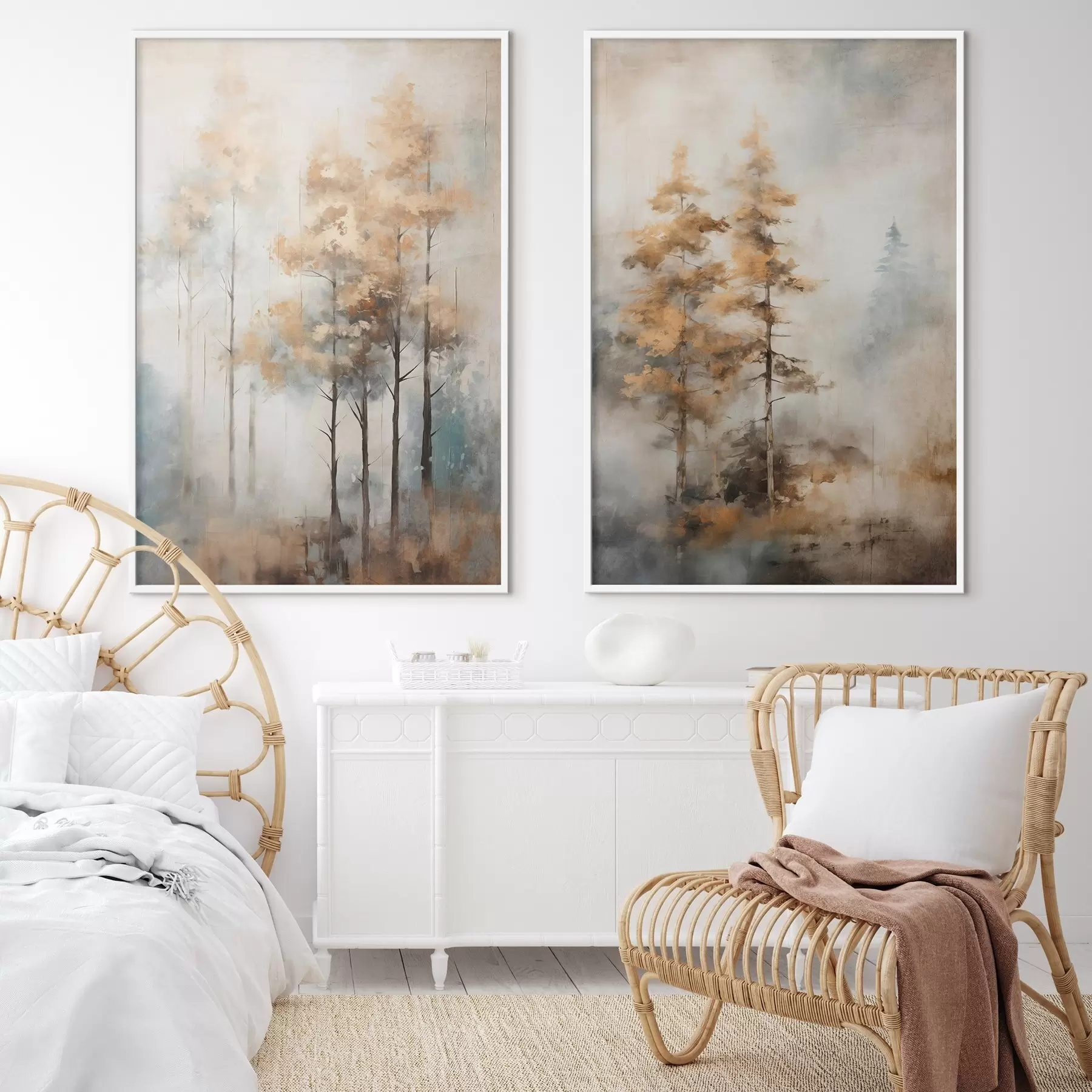 Fototapetai Tekstūruoti aukšti medžiai su geltonais lapais miške , fone susipina švelnūs mėlyni ir rudi tonai d00528