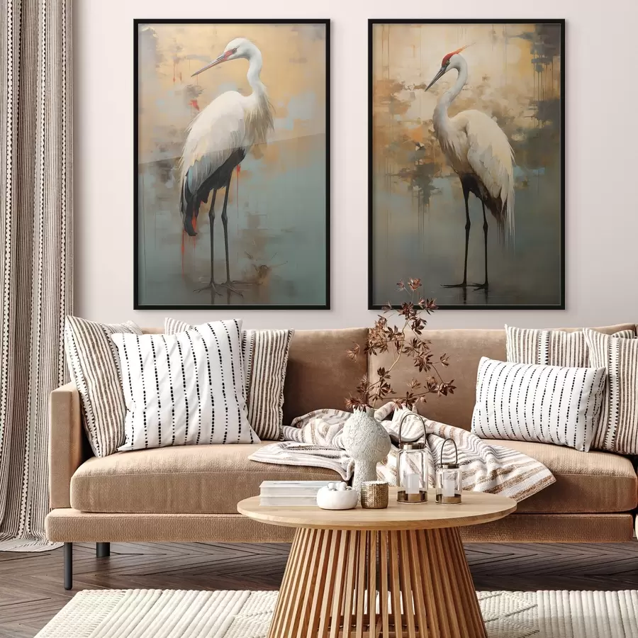 Fototapetai Baltasis garnys prislopintų geltonų, rudų ir mėlynų atspalvių fone, primenančiame miglotą abstraktų peizažą d00530