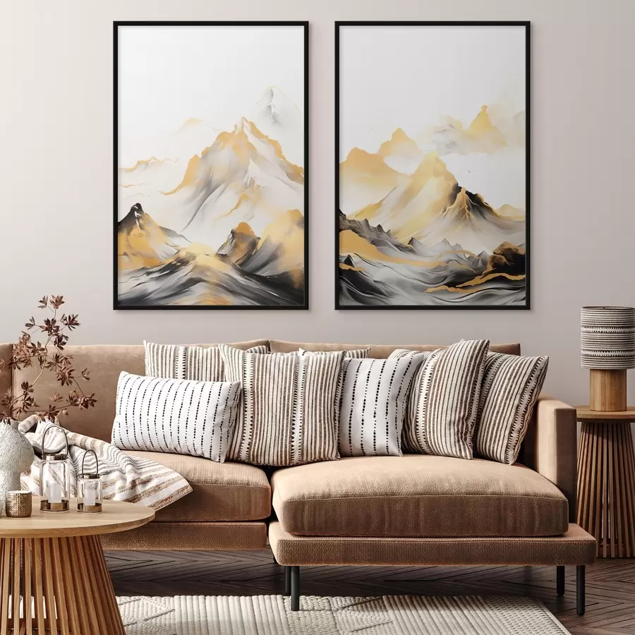 Fototapetai Tekstūruotos geltonos ir juodos kalvos su snieguotomis viršūnėmis, tapybos stilius „ink wash“, minimalistinis kalnų masyvas d01002