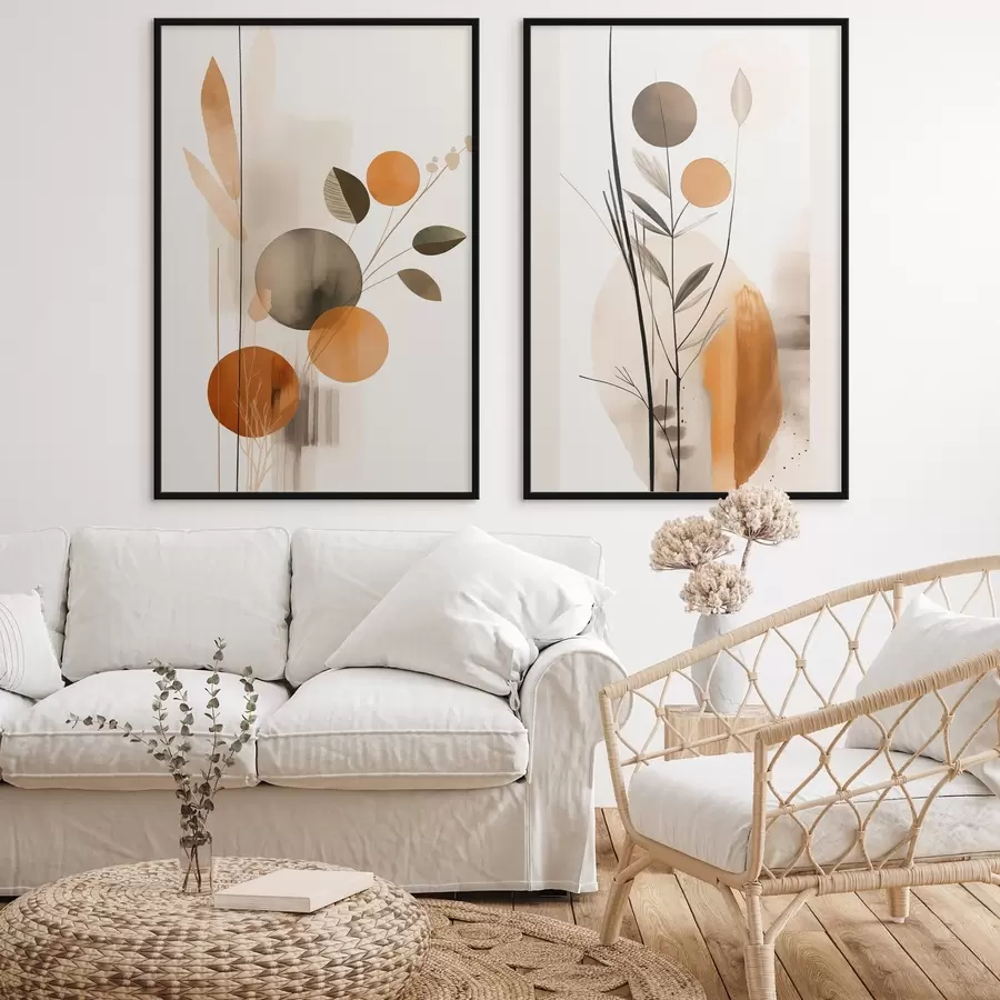 Fototapetai Abstraktaus tapybos imitacija su oranžiniais ir pilkais apskritimais, lapais ir šakomis, modernus stilius, akvarelės efektas d01009