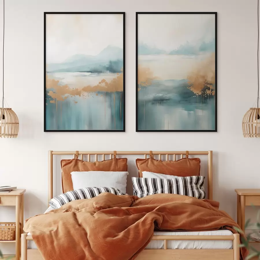 Fototapetai Abstraktus peizažas su kalnais ir ežeru žalios ir tekstūruotos geltonos spalvos, švelniais potėpiais, minimalistinis meno kūrinys d01012