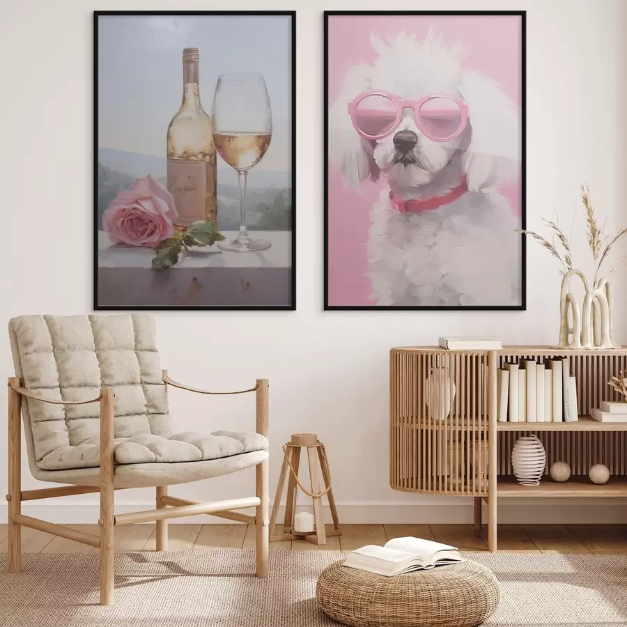 Fototapetai Butelis ir taurė vyno bei akinius dėvintis pudelis, imituojantis tapybą d01021