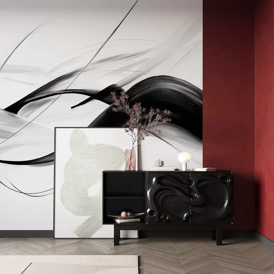 Fototapetai Abstrakčios juodos ir baltos spalvos potėpiai su plonomis linijomis, sudarančios modernų dizainą šviesaus fono fone. w09605
