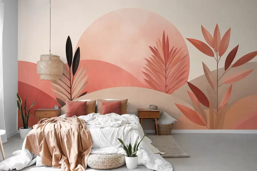 Fototapetai Abstraktus boho peizažas, saulė už banguojančių kalvų, augalai pirmame plane, minimalistinis, tekstūruotas, prislopintos spalvos w09608