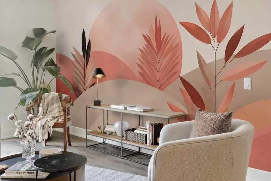 Fototapetai Abstraktus boho peizažas, saulė už banguojančių kalvų, augalai pirmame plane, minimalistinis, tekstūruotas, prislopintos spalvos w09608