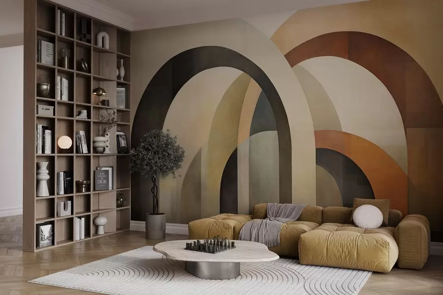 Fototapetai Abstrakčios tekstūruotos geometrinės arkos žemės atspalvių – smėlio, rudos ir pilkos spalvų, daugiasluoksnis modernus architektūrinis dizainas. w09611